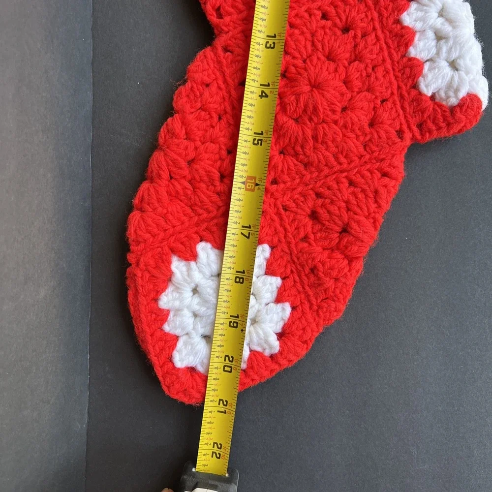 VTG Crochet Christmas Stockings Pair Red White Granny Squares Handmade 21